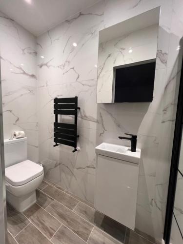 亨顿Star London Finchley Lane 2-Bed Oasis with Garden的白色的浴室设有卫生间和水槽。