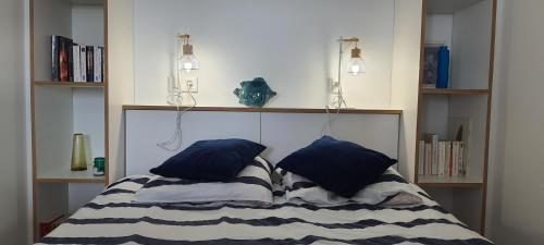 基伯龙Vue Belle île的一张带两个蓝色枕头的床
