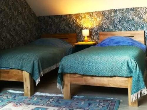 WilliesGite proche du Val Joly - 4911 -的一间带两张床的卧室和地毯