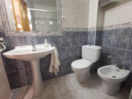 韦斯卡Cómoda vivienda en Huesca的一间带水槽、卫生间和镜子的浴室