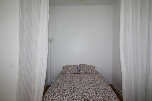 波城Quartier Historique du Château bel appt meublé的卧室内的一张床位,拥有白色的墙壁