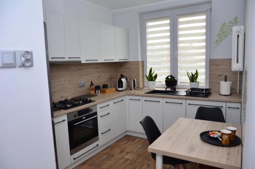 扎维尔切Apartament Gustav的厨房配有白色橱柜和木桌