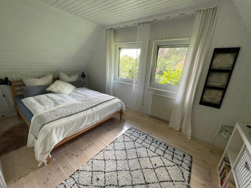 普鲁滕Tiny House Ostsee # Naturwerk的一间卧室设有床、两个窗户和地毯。