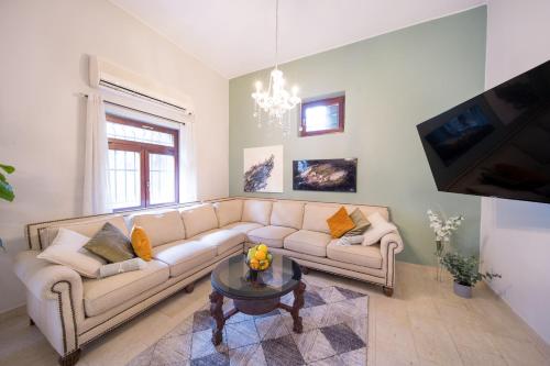 耶路撒冷Art Apartment In Mamila - Villa Rehavia的客厅配有沙发和桌子
