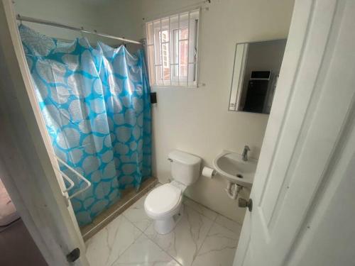 金斯敦Mona Cottage的浴室配有卫生间、淋浴和盥洗盆。