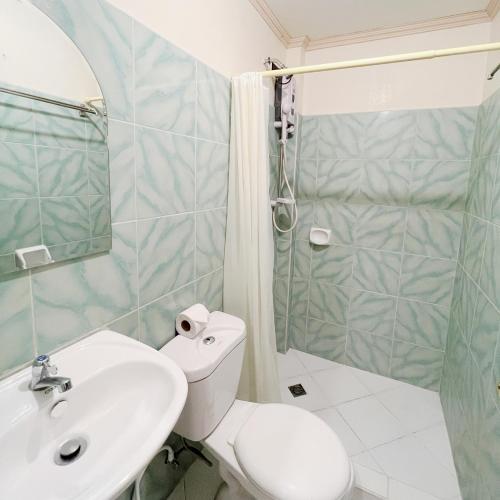 公主港Balayong Pension的浴室配有卫生间、盥洗盆和淋浴。