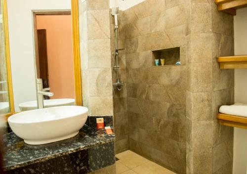 布琼布拉Hotel Safari Gate的一间带水槽和淋浴的浴室