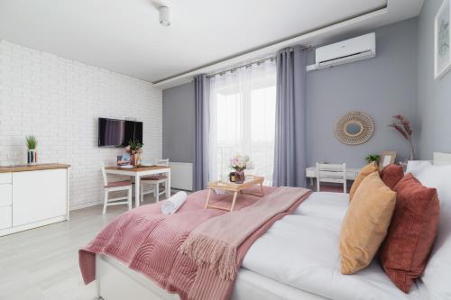 克拉科夫Dobrego Pasterza Studio with Balcony Cracow by Renters的一间卧室设有一张床和一间客厅。
