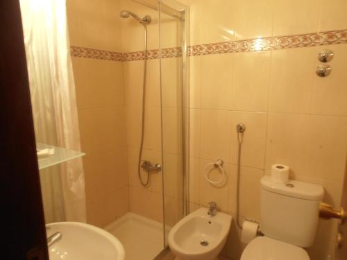 波尔图圣马利诺酒店的带淋浴、卫生间和盥洗盆的浴室