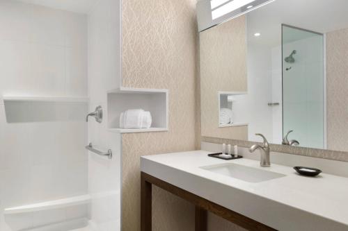 米西索加多伦多米西索加/西部万豪庭院酒店的一间带水槽、镜子和淋浴的浴室