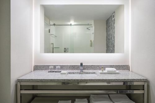 拉瑟福德梅多兰兹万丽酒店的一间带水槽和大镜子的浴室