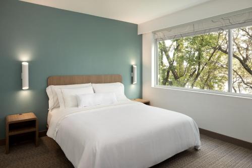 奥斯汀Element Austin at The Domain的卧室设有一张白色大床和一扇窗户。
