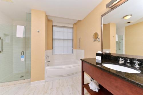 奥尔巴尼基恩市中心万豪费尔菲尔德酒店的一间带水槽、浴缸和淋浴的浴室