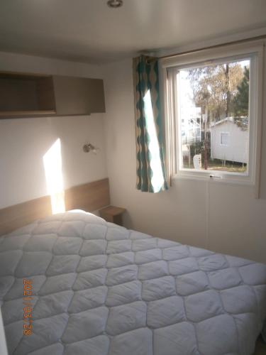 圣布里文莱丝皮恩Mobilhome 3 chambres tout confort, proche de la plage的卧室设有一张白色大床和一扇窗户。