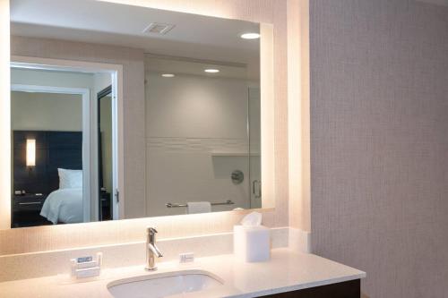 印第安纳波利斯Residence Inn by Marriott Indianapolis South/Greenwood的一间带水槽和大镜子的浴室