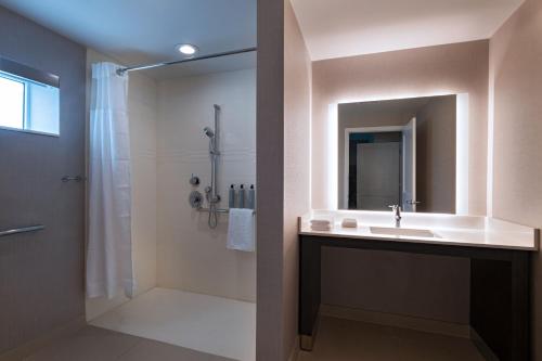 东不伦瑞克Residence Inn New Brunswick Tower Center Blvd.的浴室配有盥洗盆和带镜子的淋浴