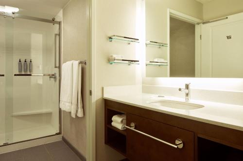 西湖村酒店洛杉矶西湖西昂村原住酒店的一间带水槽和淋浴的浴室