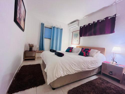 纳欧特哈基卡The Lowest Place on Earth B&B的卧室配有一张带蓝色窗帘的大型白色床