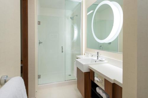 伯班克洛杉矶伯班克/市中心春季山丘套房酒店的浴室配有盥洗盆和带镜子的淋浴