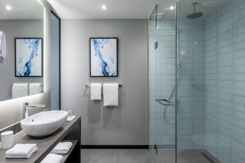 登博斯The Den, 's-Hertogenbosch, a Tribute Portfolio Hotel的一间带水槽和玻璃淋浴的浴室