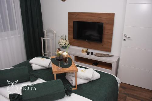 斯雷姆斯卡米特罗维察VESTA Apartman的带沙发和电视的客厅