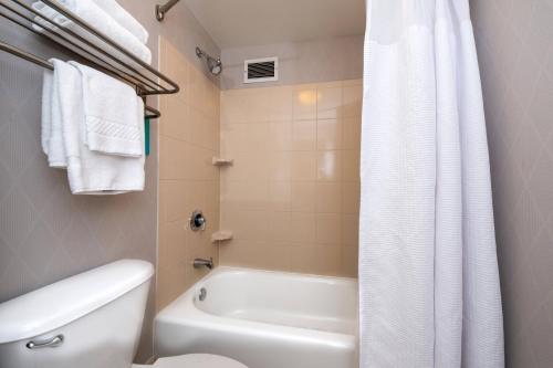 匹兹堡万豪匹兹堡北岸春季山丘套房酒店的浴室配有白色浴缸、卫生间和淋浴。