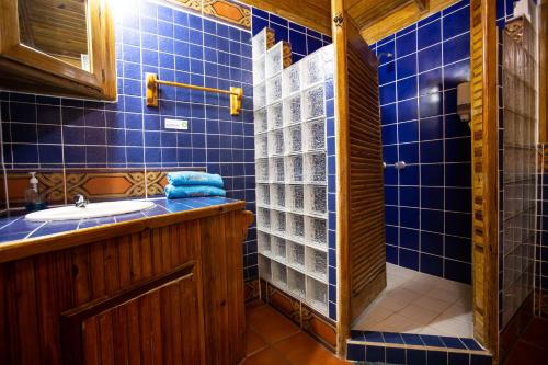乌蒂拉Mango Inn Resort的蓝色瓷砖浴室设有水槽和淋浴