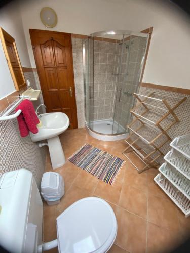 赛特古特哈德嘉尔文德豪斯旅馆的带淋浴、卫生间和盥洗盆的浴室
