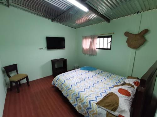 莫科阿Hostal de la montaña ecoturismo的一间卧室配有一张床和一台平面电视
