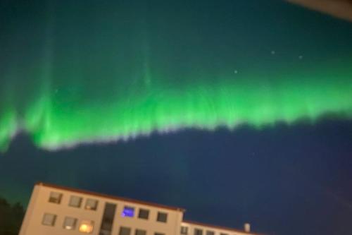 雷克雅未克Spacious 3 bedroom apartment,close to centrum.的天空中绿色的北极光的图像