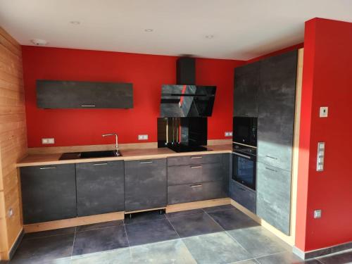 CharchillaGites Jura Sud的厨房设有红色的墙壁和水槽