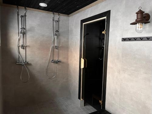 普哈圣山Porthos Ski Lodge的带淋浴的浴室和黑色门