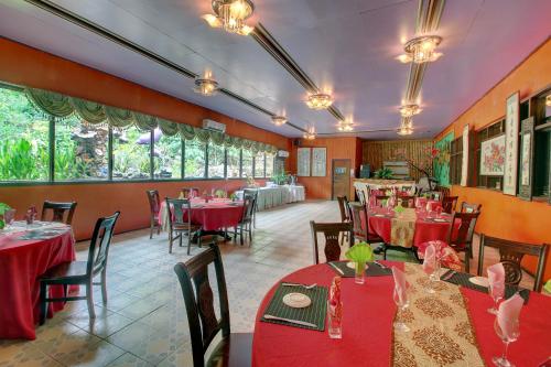 霍尼亚拉Honiara Hotel的餐厅设有红色的桌椅和窗户。