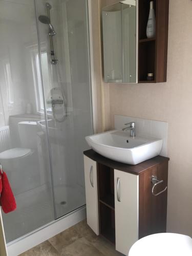 布德alphi3的浴室配有白色水槽和淋浴。