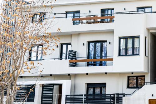 希俄斯Kaleo Chios Luxury Apartments的白色的建筑,设有黑色的窗户