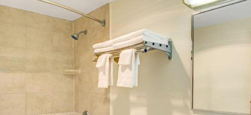 斯坦福德斯坦福速8酒店的一间带淋浴的浴室,墙上配有毛巾