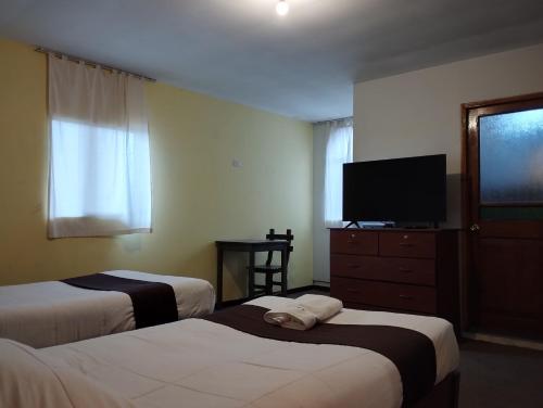 阿雷基帕El MONARCA AREQUIPA的酒店客房设有两张床和一台平面电视。