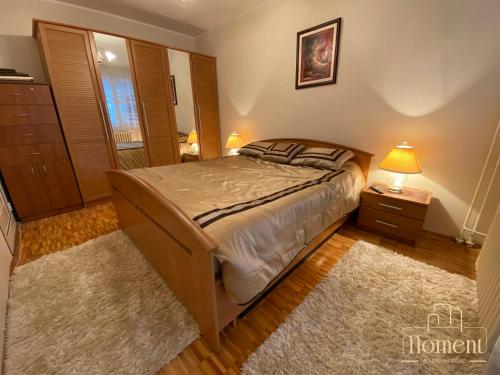 弗尔沙茨Moment Apartman Vrsac的一间卧室配有带灯和地毯的床