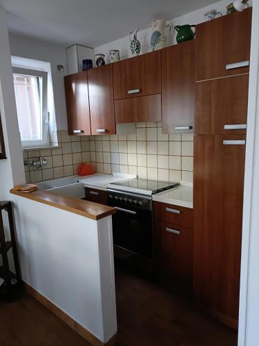 法诺Casa Elisabetta的厨房配有木制橱柜和炉灶烤箱。