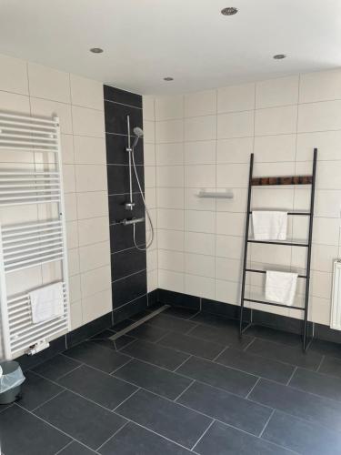 布里克托夫Appartment am Rosenplatz的带淋浴的浴室和黑色瓷砖地板。