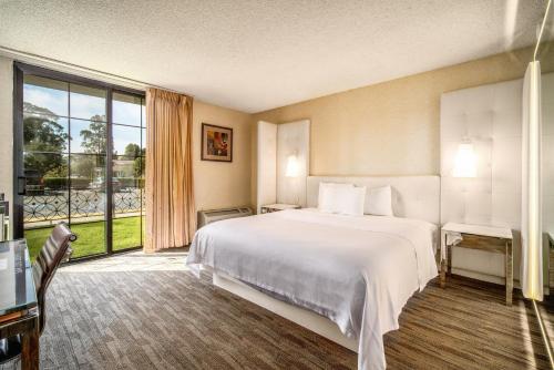 圣路易斯-奥比斯保Hotel Calle Joaquin - San Luis Obispo的酒店客房设有一张床和一个大窗户