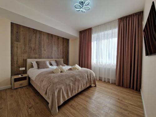基希讷乌Dendrarium Park Apartment Deluxe的一间卧室设有一张大床和一个窗户。
