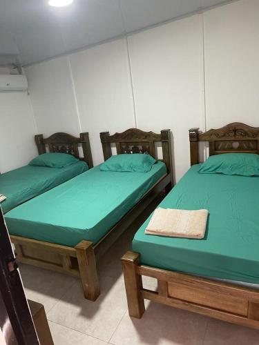 里奥阿查Apartamento Vacacional Riohacha的配有绿床单的客房内的两张床