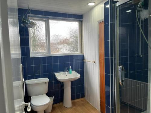 依尔福Saji Hotel Illford的蓝色瓷砖浴室设有卫生间和水槽