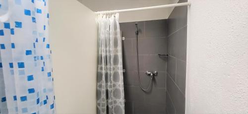 班贝格Hostel Très Schick的带淋浴和浴帘的浴室