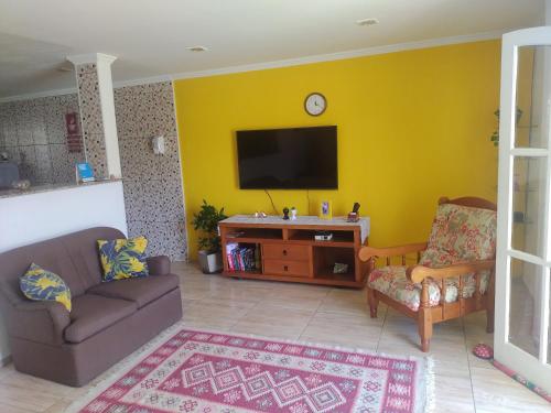 卡波布里奥Hostel Unamar的带沙发的客厅和黄色墙壁上的电视