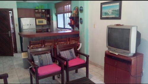 TucacasCosta Grande Tucacas Morrocoy的客厅配有电视、2把椅子和电视控制台