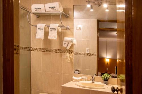 普诺Casona Plaza Balsa Inn的一间带水槽和镜子的浴室