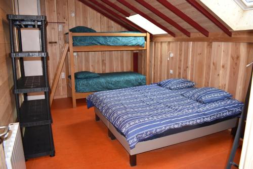 拉布雷斯Gîte de Montagne "Les Ecorces"的一间卧室配有一张床和两张双层床。