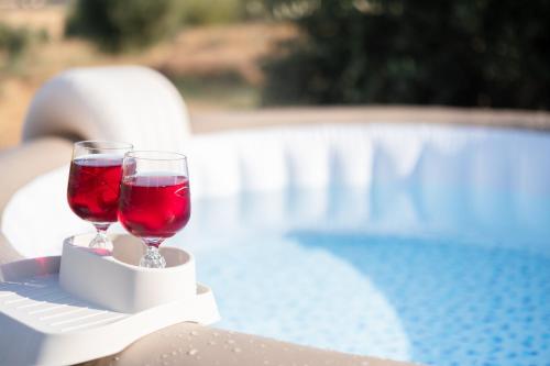 奥贝里塞Agriturismo I Grappoli的两杯红葡萄酒坐在泳池旁的酒架上
